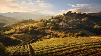 Fototapeten  Picturesque scenes of sunlit terraced vineyards along rolling hills, blending agriculture with natural contours and creating a serene countryside landscape © Abdul