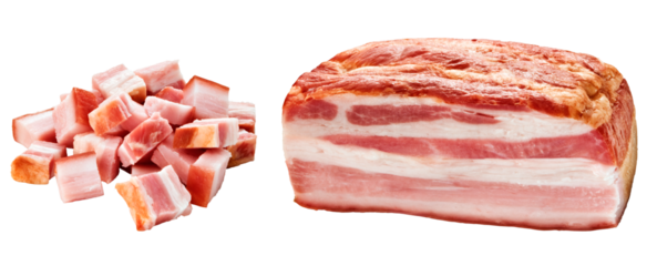 composição com cubos de bacon e pedaço de bacon isolado em fundo transparente