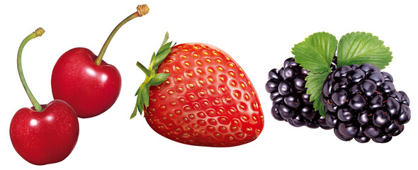 composição com cereja, morango vermelho e amora isolado em fundo transparente - frutas vermelhas - fruta silvestre