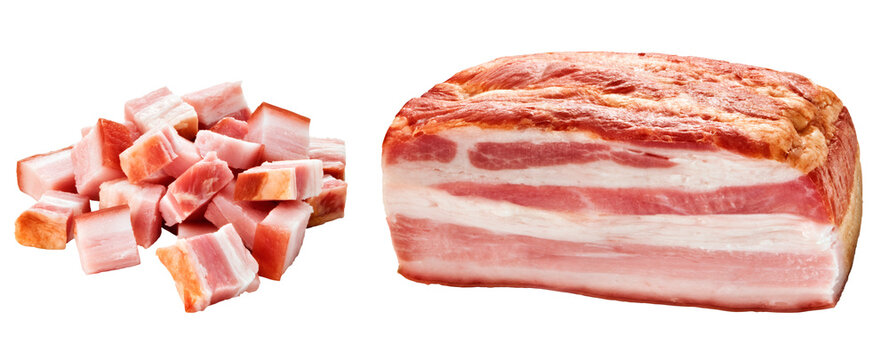 composi&ccedil;&atilde;o com cubos de bacon e peda&ccedil;o de bacon isolado em fundo transparente