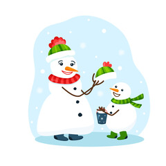 Funny flat snowman wife puts nice hat on child on snowy background. Vector hand drawn cartoon illustration of fairy tale character. Winter snow woman with smile and snowman for holiday card or banner