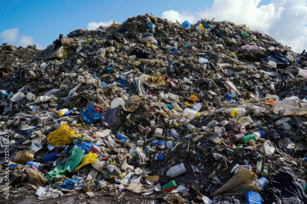 Poster a large pile of garbage sitting on top of a dirt field. can be used to depict environmental pollutio