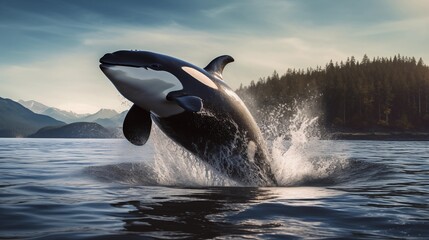 Fototapeta premium Powerful images of majestic orcas gracefully swimming in open ocean waters, showcasing their strength and elegance in their natural habitat