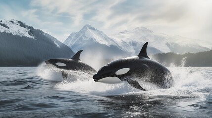 Powerful images of majestic orcas gracefully swimming in open ocean waters, showcasing their strength and elegance in their natural habitat