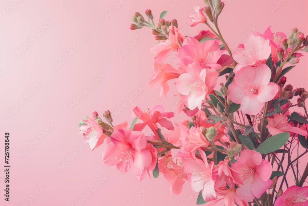 Poster a vase filled with pink flowers against a pink background. perfect for adding a touch of elegance an
