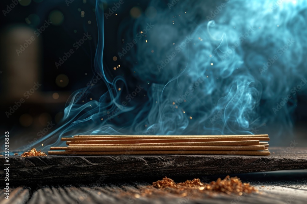 Poster A pile of incense sticks sitting on top of a wooden table. Perfect for creating a calming and peaceful atmosphere.