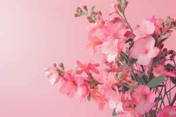 A vase filled with pink flowers against a pink background. Perfect for adding a touch of elegance and femininity to any space