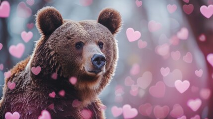 A brown bear stands in front of a bunch of hearts. Perfect for Valentine's Day or love-themed designs