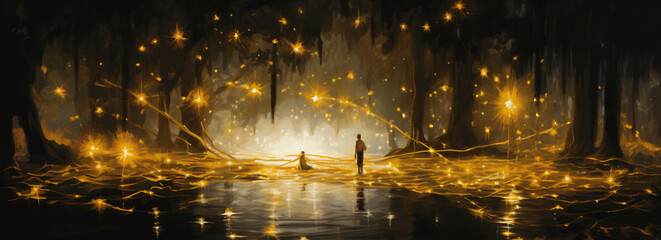 Enchanted Forest Illuminated by Magical Golden Lights - A Mystical Journey of a Lone Wanderer Amidst Nature’s Beauty