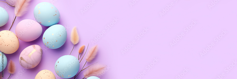 Wall mural assorted easter eggs with delicate feathers on purple background banner with copy space. panoramic w