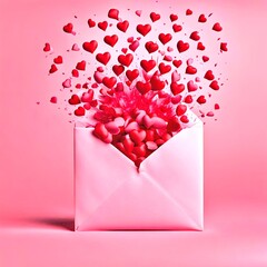 Red hearts exploding out of a pink envelope isolated on pink background 