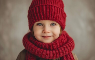 Little Girl Wearing Red Hat and Scarf