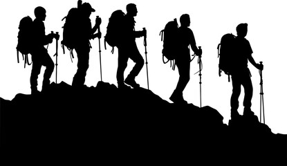 Hiking silhouette vector. Adventure silhouette vector. Mountain hiking silhouette. People with backpack vector silhouettes. Hiking group. AI generated illustration.