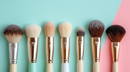 Cosmetic brushes on light pastel background, mock up scene, copy space for text. Retro style