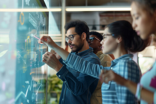 A creative brainstorming session in a modern office, with a diverse team writing ideas on a digital interactive whiteboard