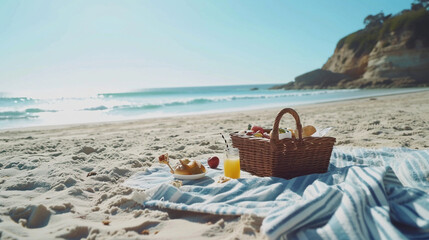 Coastal Picnic: A delightful medium shot featuring a beach picnic scene, complete with blankets, snacks, and friends enjoying a day by the sea, medium shot, beach, blue tides, whit