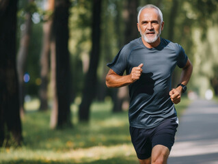Fototapeta premium happy middle-aged man exercising, running in the park, living a healthy lifestyle