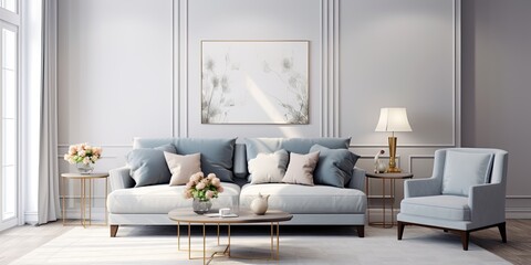 Fototapeta na wymiar Stylish living room with gray sofa and elegant decor.