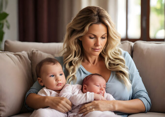 Fototapeta na wymiar Portrait beautiful mother breastfeeding newborn baby son on sofa