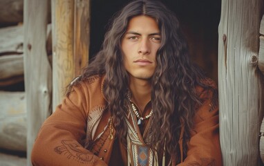 Obraz premium Multiracial Man With Long Hair Wearing a Brown Jacket