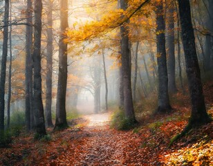 Atmosphärische Szene eines Waldes im Herbst mit leuchtenden Blättern und Nebel