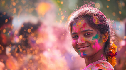 A picture of an Indian woman celebrating Holi, Indian festival Holi