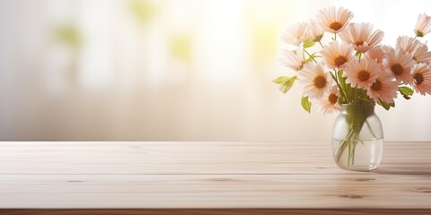 Flowers on wooden table in bright room.