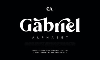 Gabriel premium luxury elegant alphabet letters and numbers. Elegant wedding typography classic serif font decorative vintage retro. Creative vector illustration  - obrazy, fototapety, plakaty