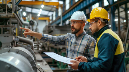 Industrial Engineers Discussing Plans on Factory Floor