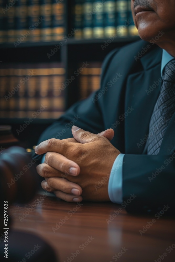 Poster a man in a suit and tie sitting at a desk. suitable for business and office-related concepts