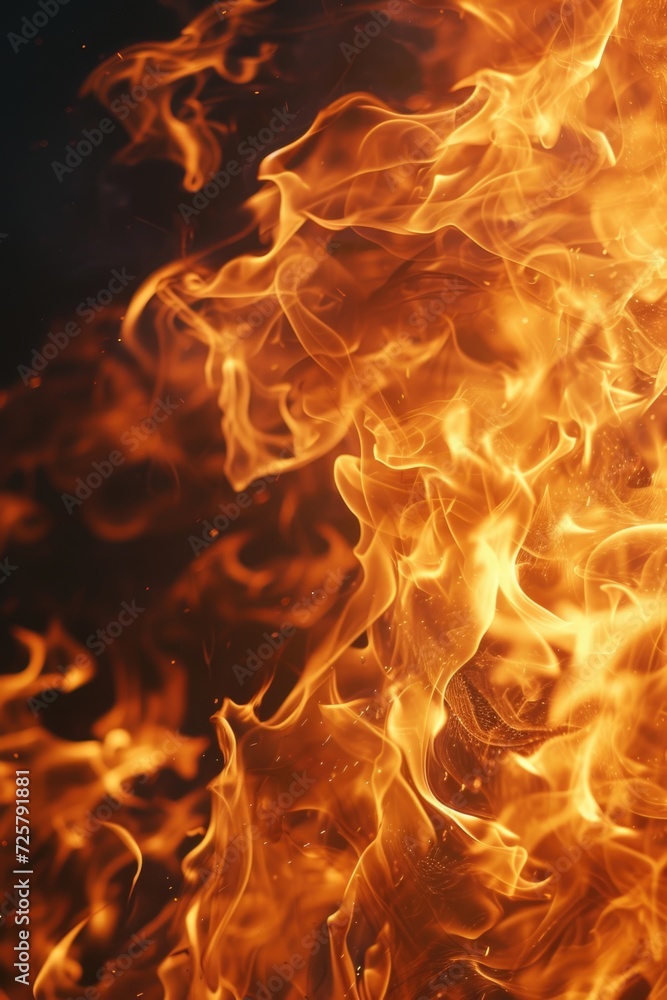 Poster fire burning brightly against a dark black background. perfect for adding warmth and intensity to an