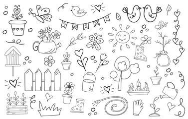 Spring doodle icons set. Hand drawn style. Line art. Umbrella, watering can, bouquet of flowers, birds, sun, garland of flags . Gardening, springtime concepts. Vector illustration.