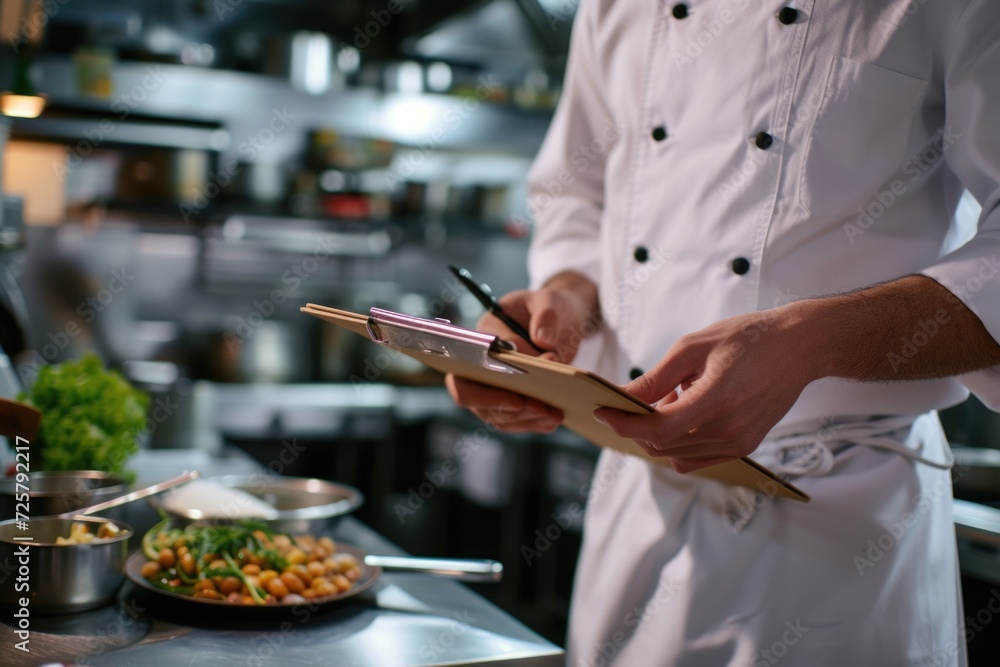 Poster A chef is seen writing on a clipboard in a busy kitchen. This image can be used to depict a chef organizing recipes, taking inventory, or creating a shopping list for the restaurant