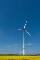 Wind turbines in the field in portrait format with copy space and blue sky 