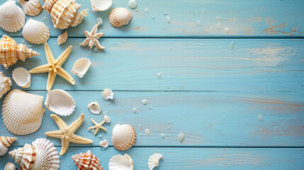 Soothing Coastal Palette: A soothing beach concept with a carefully curated palette of sea shells and starfish on a blue wooden background, creating a calming visual experience ins
