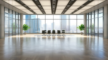 Bright, sunlit corporate office lobby with panoramic glass walls offering a city view, furnished with a modern lounge area and indoor plants.
