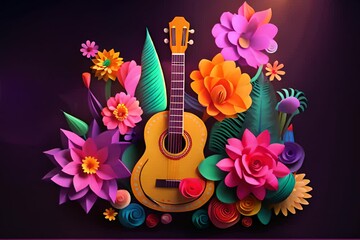  Cinco de Mayo, mexican paper decoration guitar, cactus with flowers, black background,