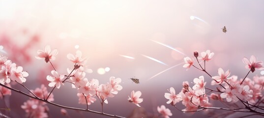 Bright light spring bokeh background with blossom cherry  flowers and sparkling lights, copy space