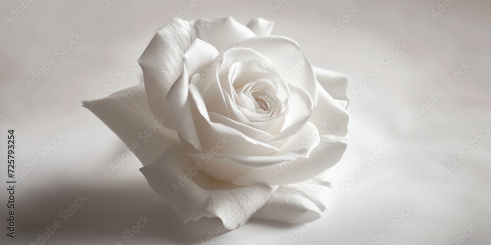 Poster a close-up photograph of a white rose placed on a table. suitable for various uses