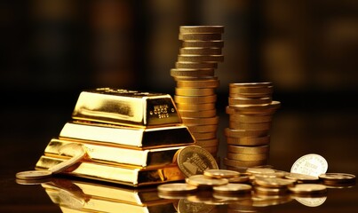 A pile of gold coins sitting next to a stack of silver coins