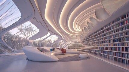 Futuristic Library: Holographic Books & Interactive Study Spaces for Remote Work, Collaboration,...