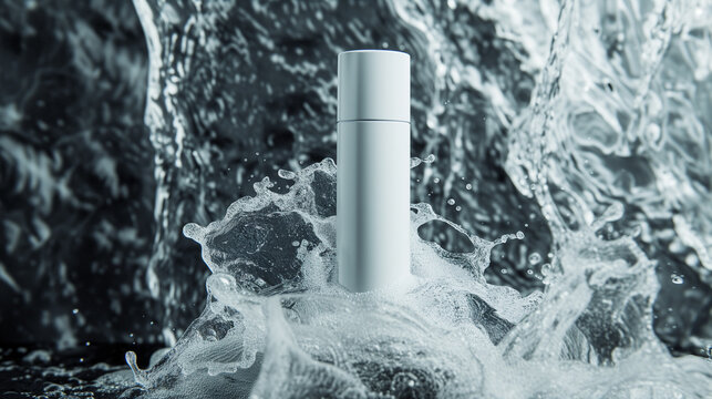 Pure Essence Skincare Bottle Against a Waterfall Backdrop © Andreas