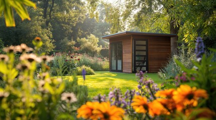 Obraz premium Blooming Oasis in the Garden: A Remote Work Haven for Collaboration, Productivity, and Work-Life Balance