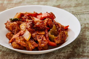 Chicken Shashlik with tomato and onion served in dish isolated on table top view of arabic food