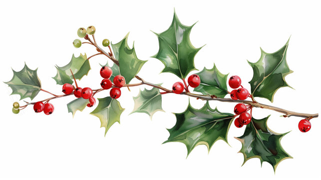Winter Holly Branch with Berry on transparent backgound 