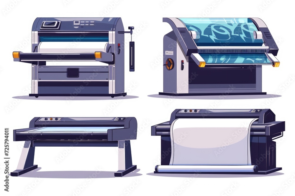 Poster A collection of four different types of printing machines. Ideal for commercial printing projects and graphic design concepts.
