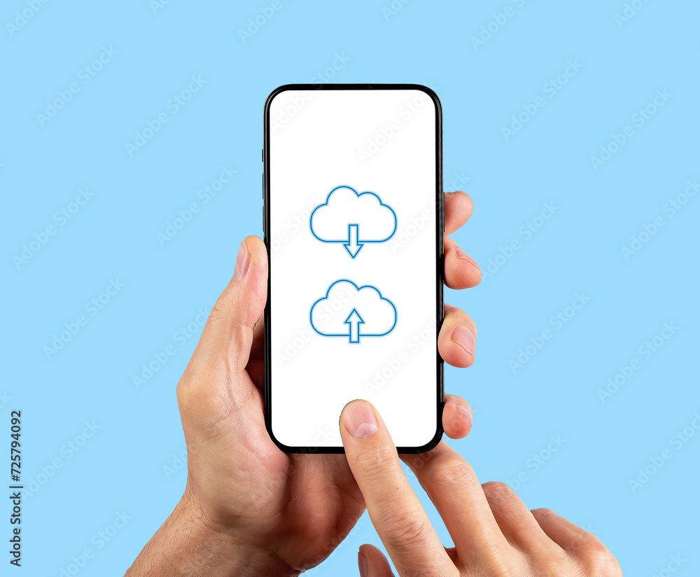 Aufkleber Using cloud service for data storage. Uploading and downloading information, content, backup system