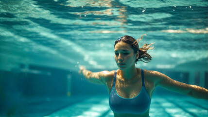 Young woman swimming underwater in a personal pool, summer leisure concept