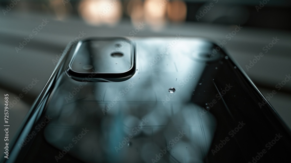Poster A close-up view of a cell phone placed on a table. Suitable for various digital technology and communication concepts