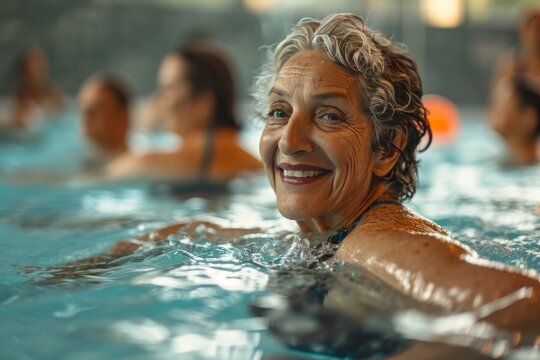Portrait older lady doing aquagym in the pool. Close-up. Concept health, lifestyle